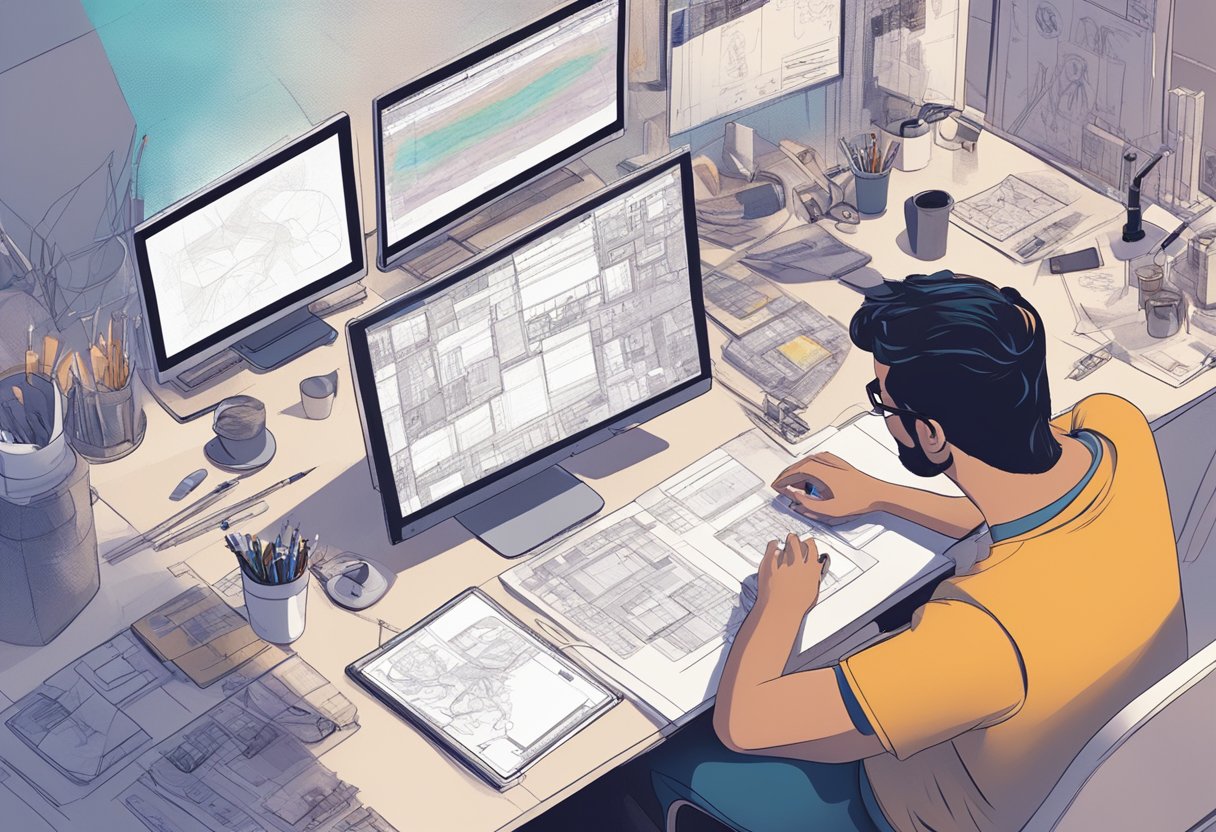 An animator sitting at a desk with a computer, surrounded by sketches and digital art tools, while an AI program generates custom animation ideas