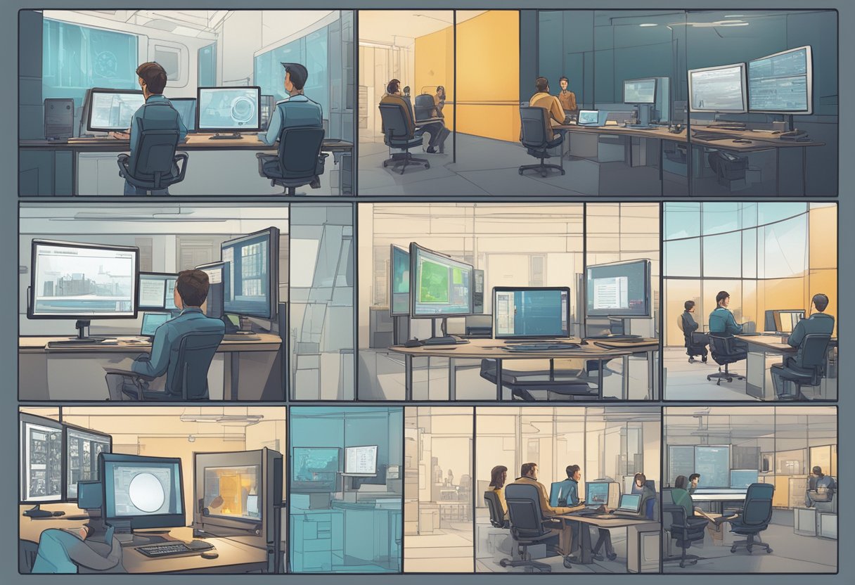 A computer screen displaying AI software generating a detailed storyboard for a film production, with various scenes and camera angles