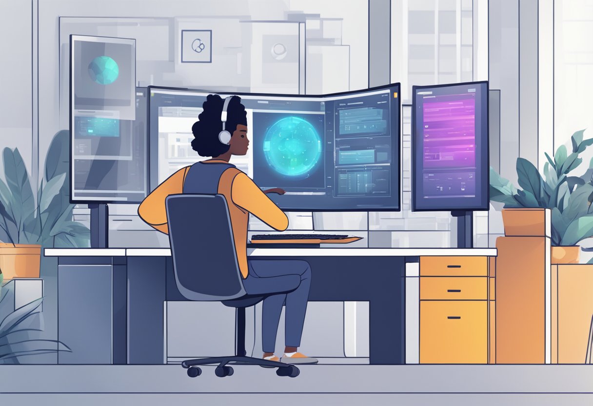 A computer with multiple screens displaying AI animation software interfaces and professional animated videos being compared