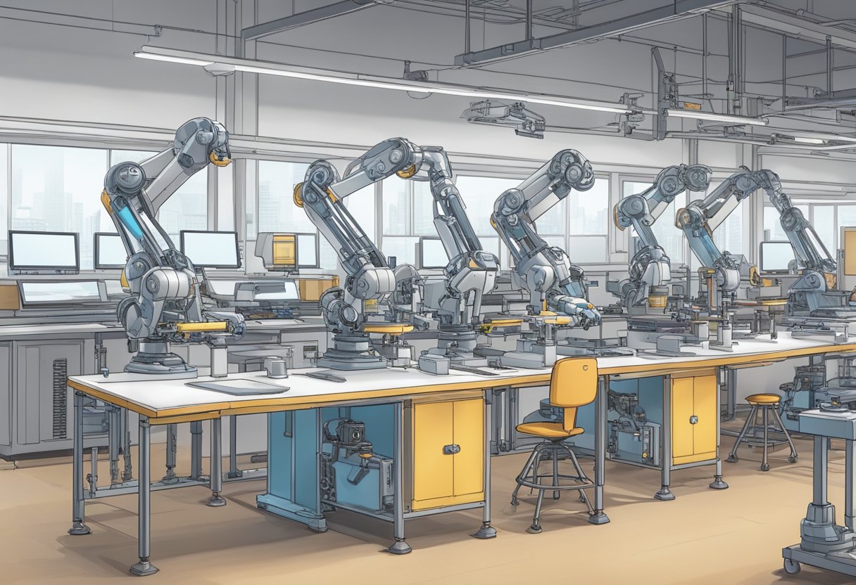 Robotic arms working on an animation production line, with various stages of the process visible, from sketching to coloring and final rendering