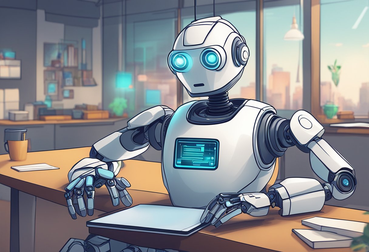 An animated robot creating marketing and explainer videos using AI software