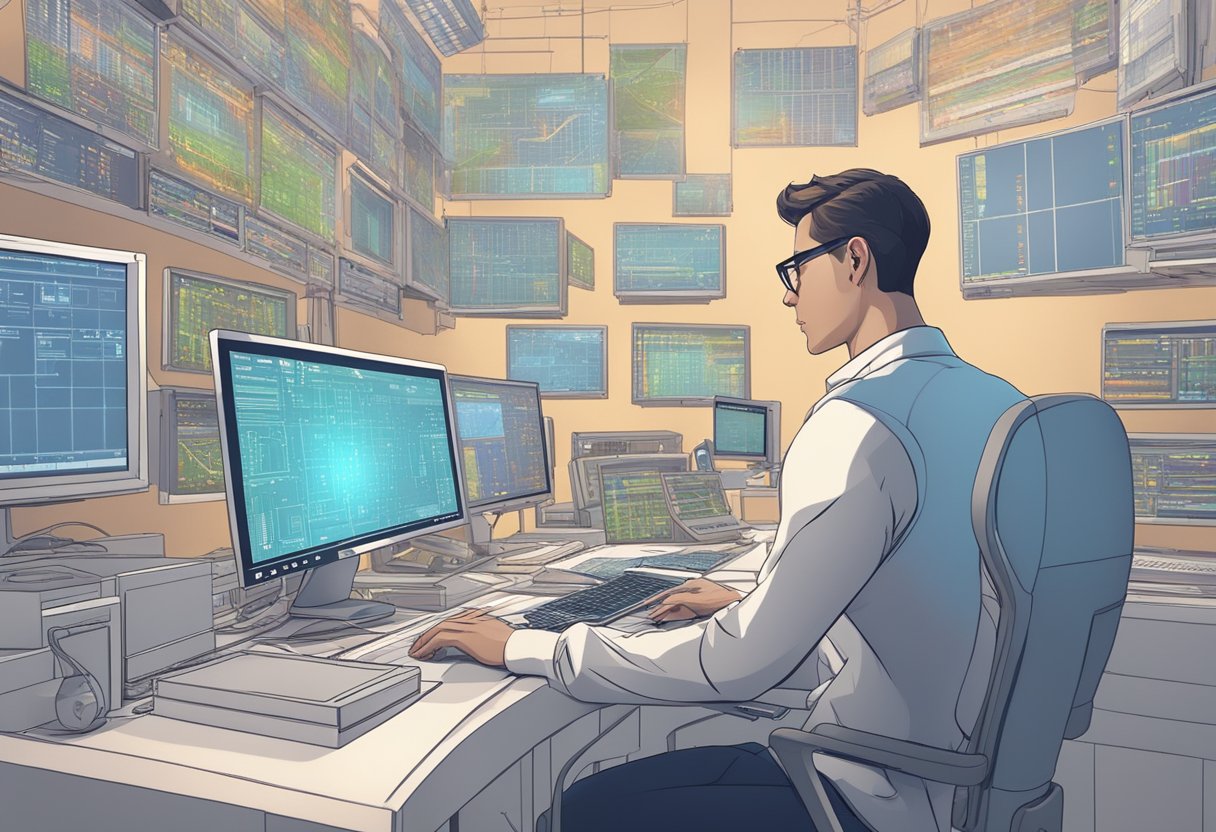 A computer-generated character creating animated scenes, surrounded by complex algorithms and data visualizations