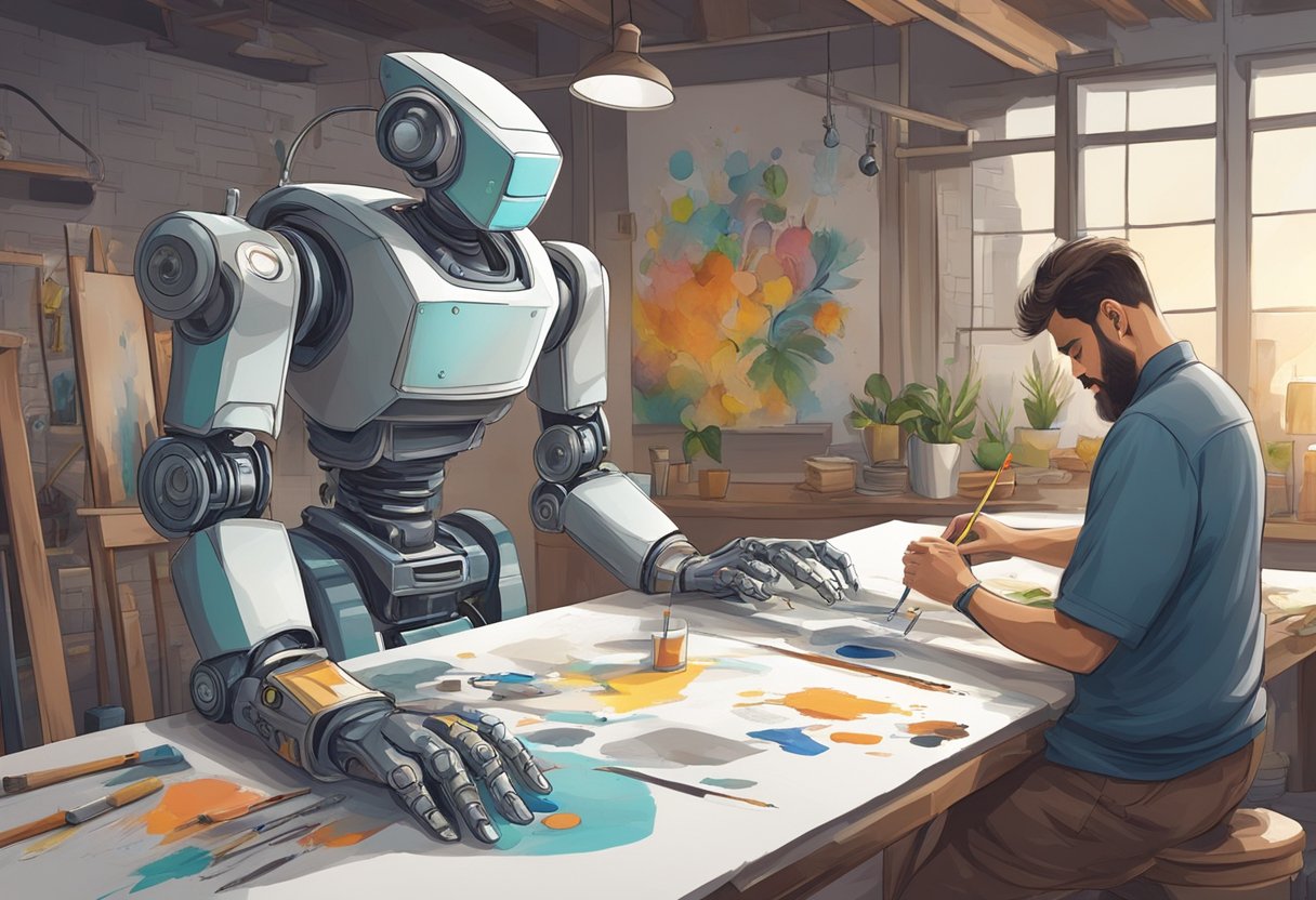 A robot and an artist working together to paint a mural, with the robot using precision tools and the artist adding creative flourishes by hand