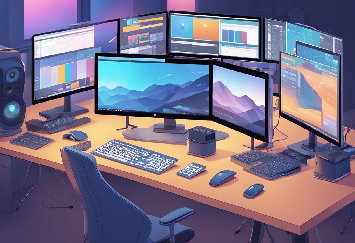 A computer workstation with multiple screens showing AI animation software interfaces, surrounded by studio lighting and camera equipment