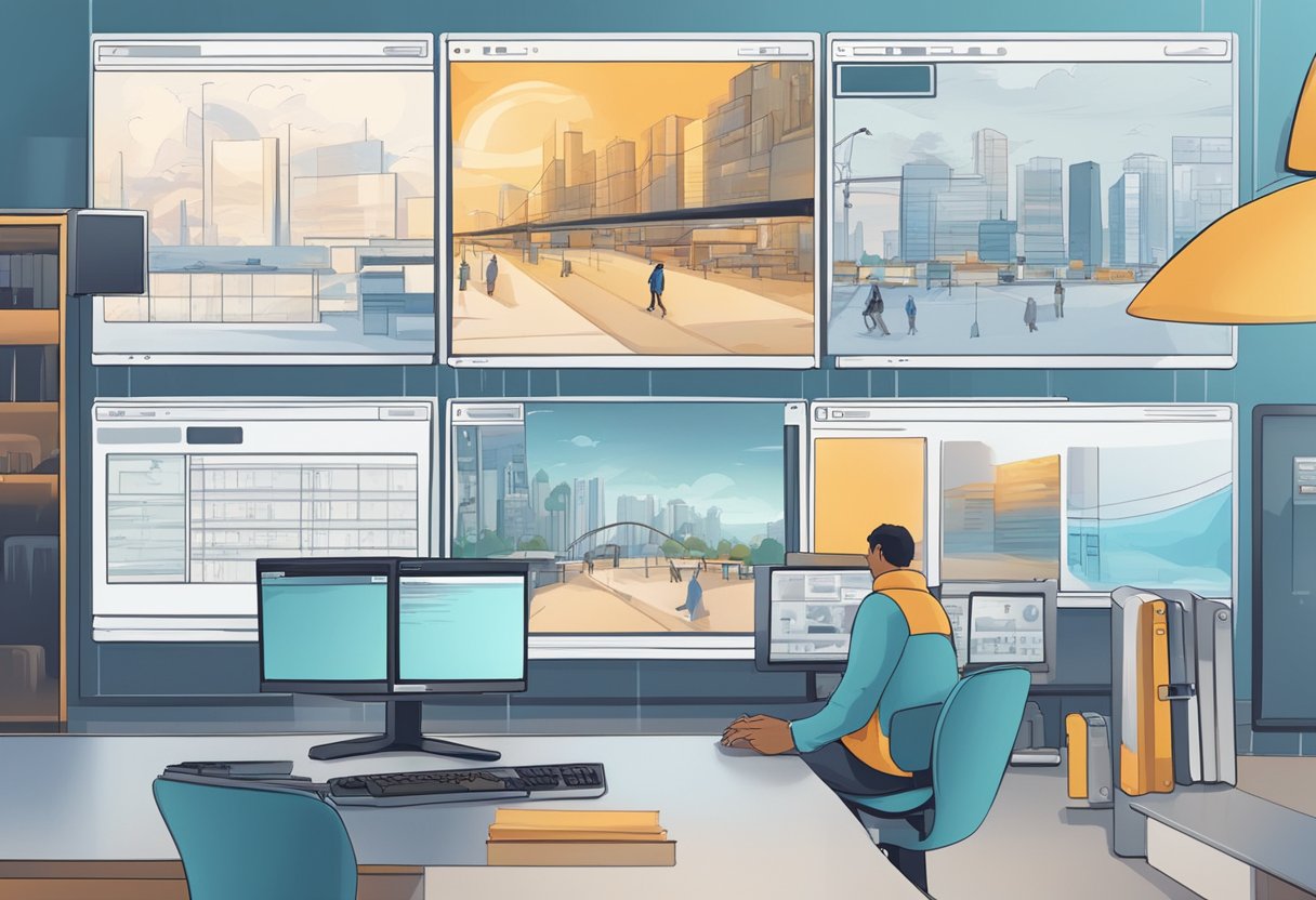 An AI software interface generating storyboard frames with various scene elements and characters