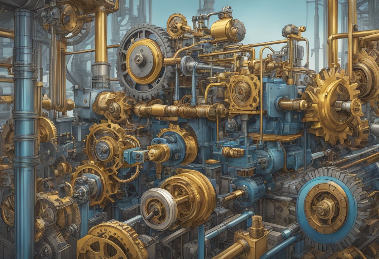 A complex network of gears and machinery, with some parts visibly strained and overheating, while others appear to be malfunctioning