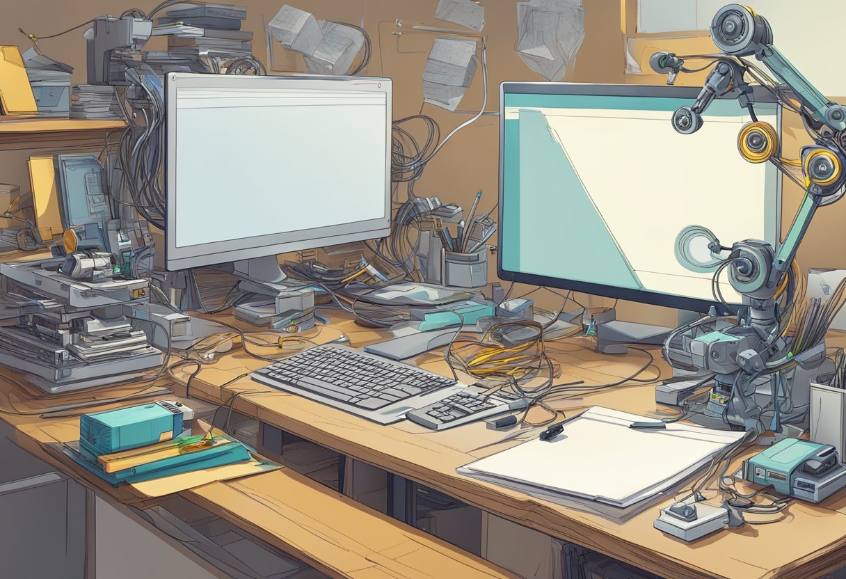 A cluttered workspace with tangled wires and a robotic arm overpowering a small drawing tablet, stifling the creative process