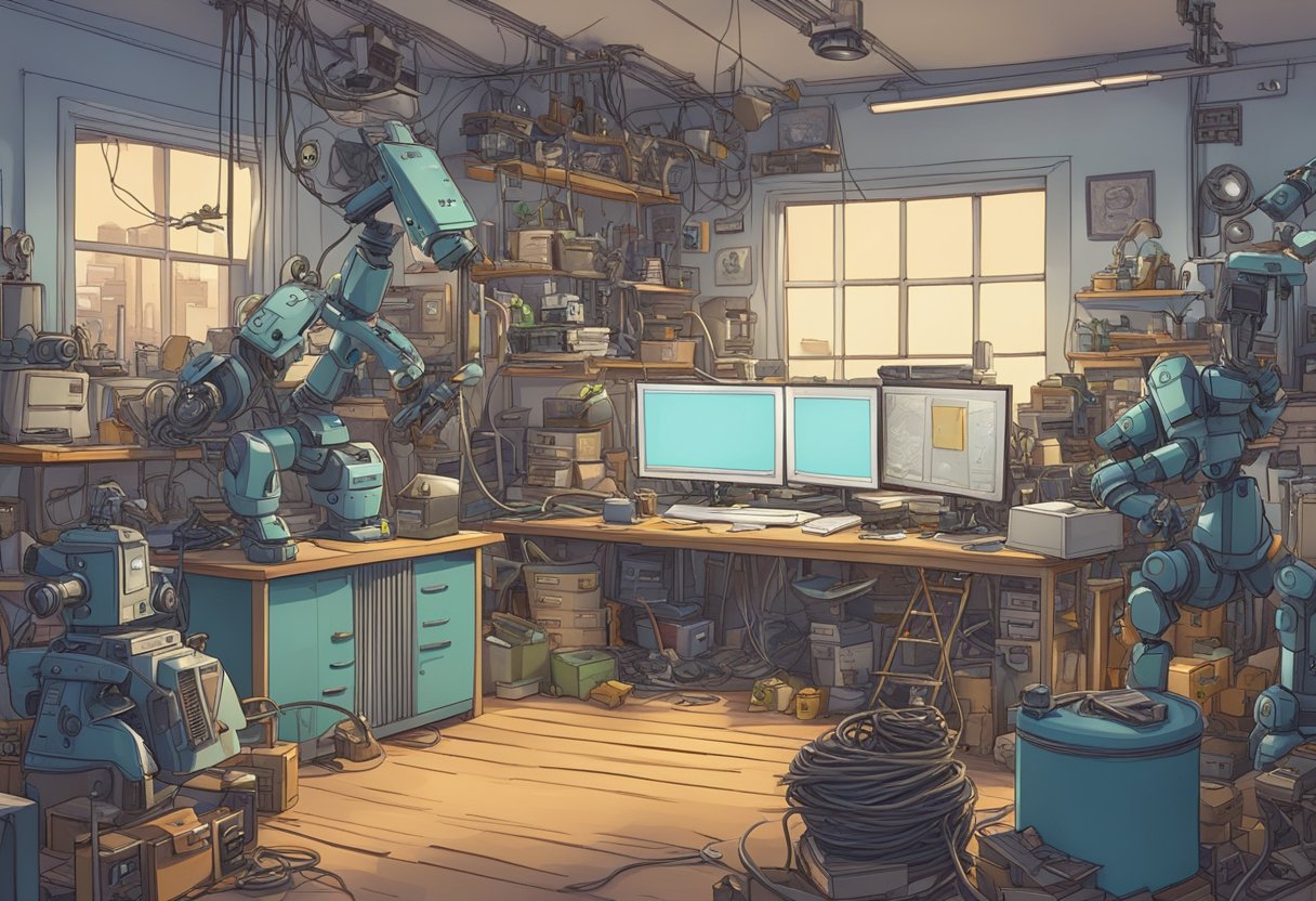 A cluttered animation studio with malfunctioning robots, tangled wires, and unfinished scenes