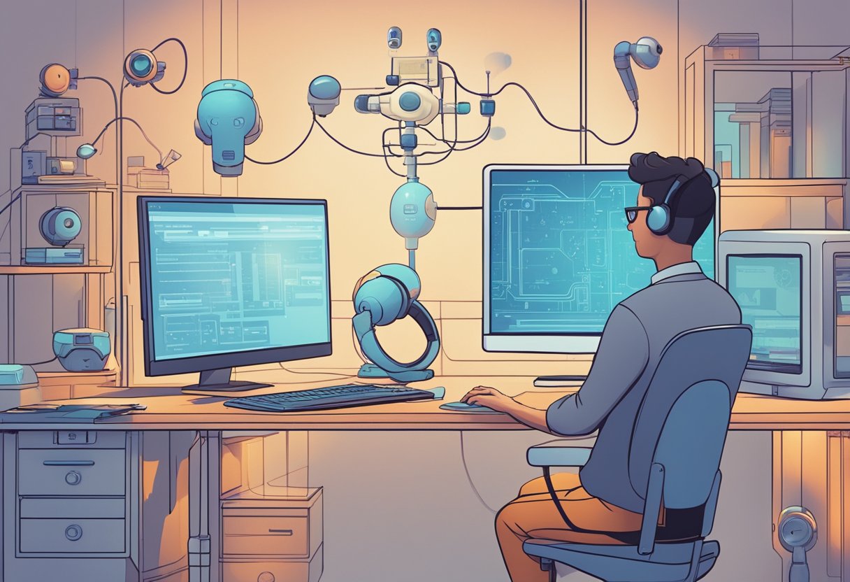 A computer-generated character interacts with AI-driven animation tools, while cautionary symbols signal the risk of over-automation