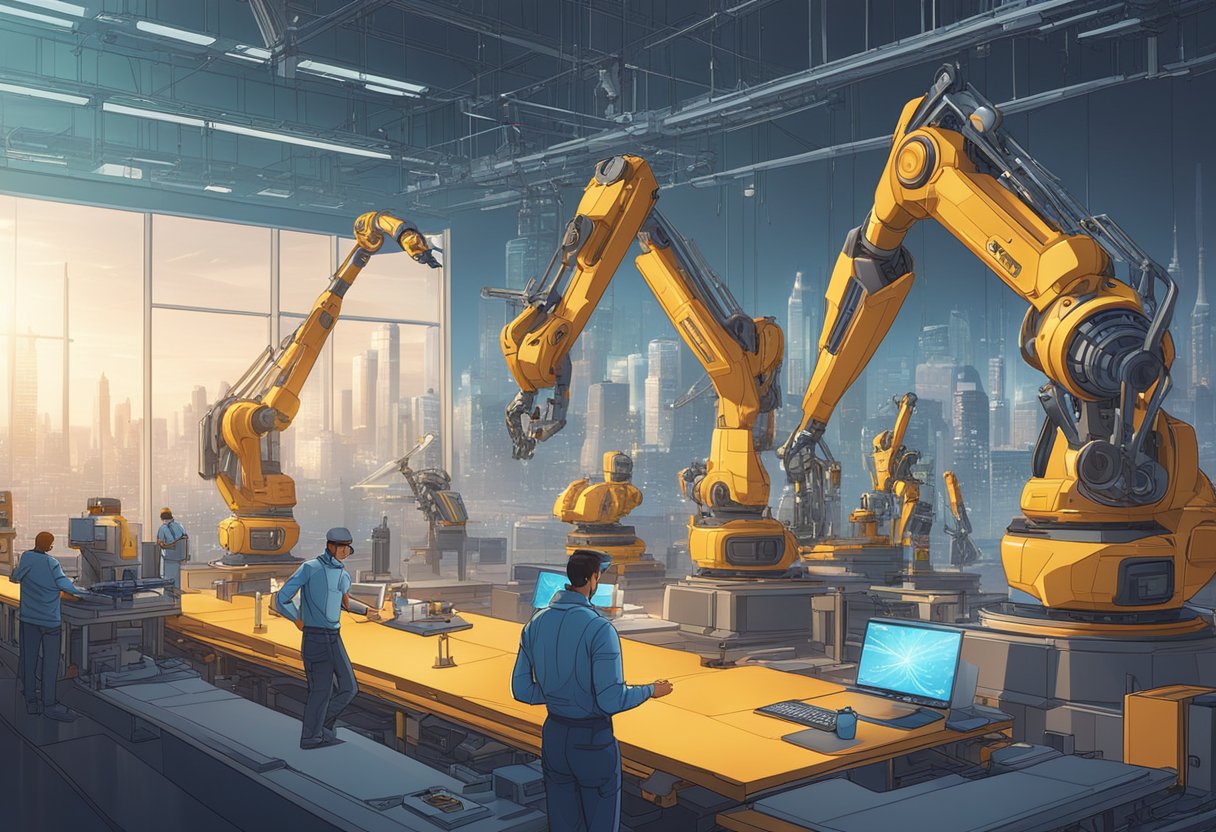 Robotic arms and machines working on intricate animation designs, while human workers supervise the process. A futuristic cityscape looms in the background