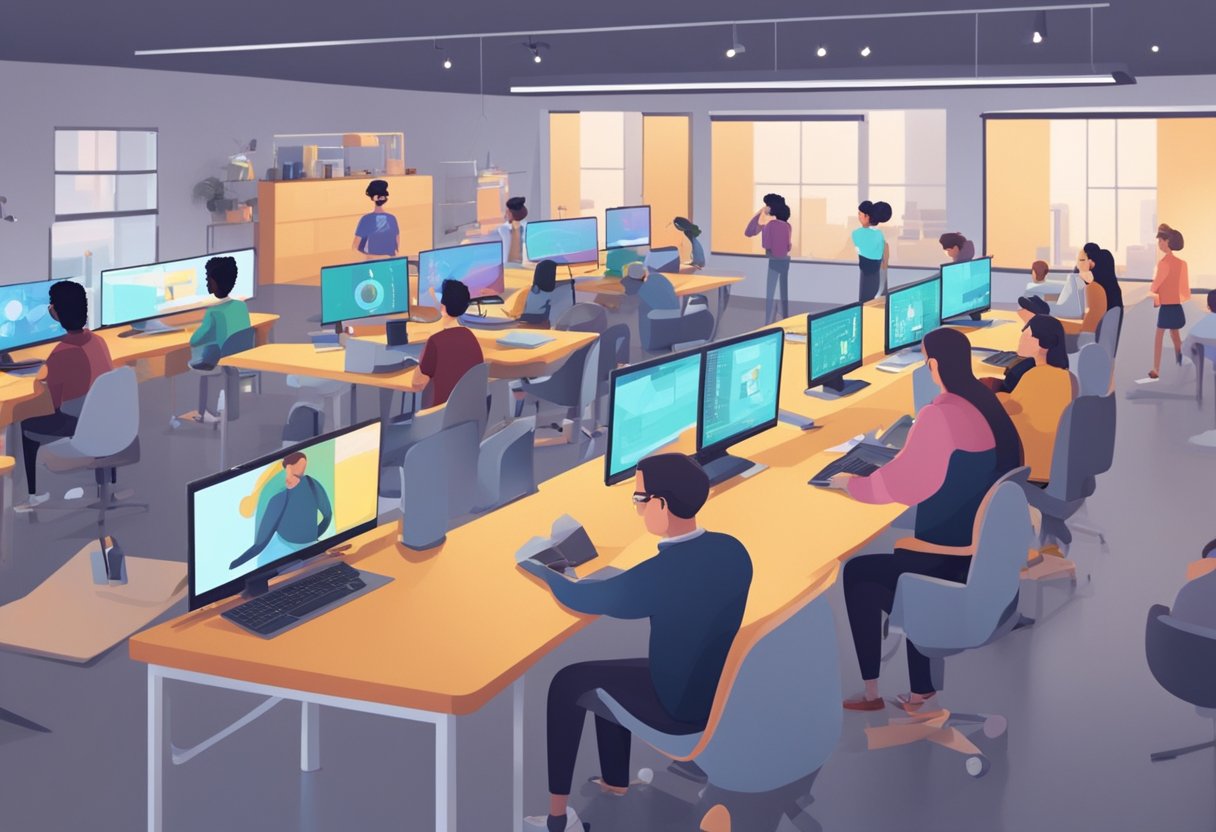 A classroom of animators using AI software to create and animate characters and scenes. Multiple computer screens show various stages of animation production