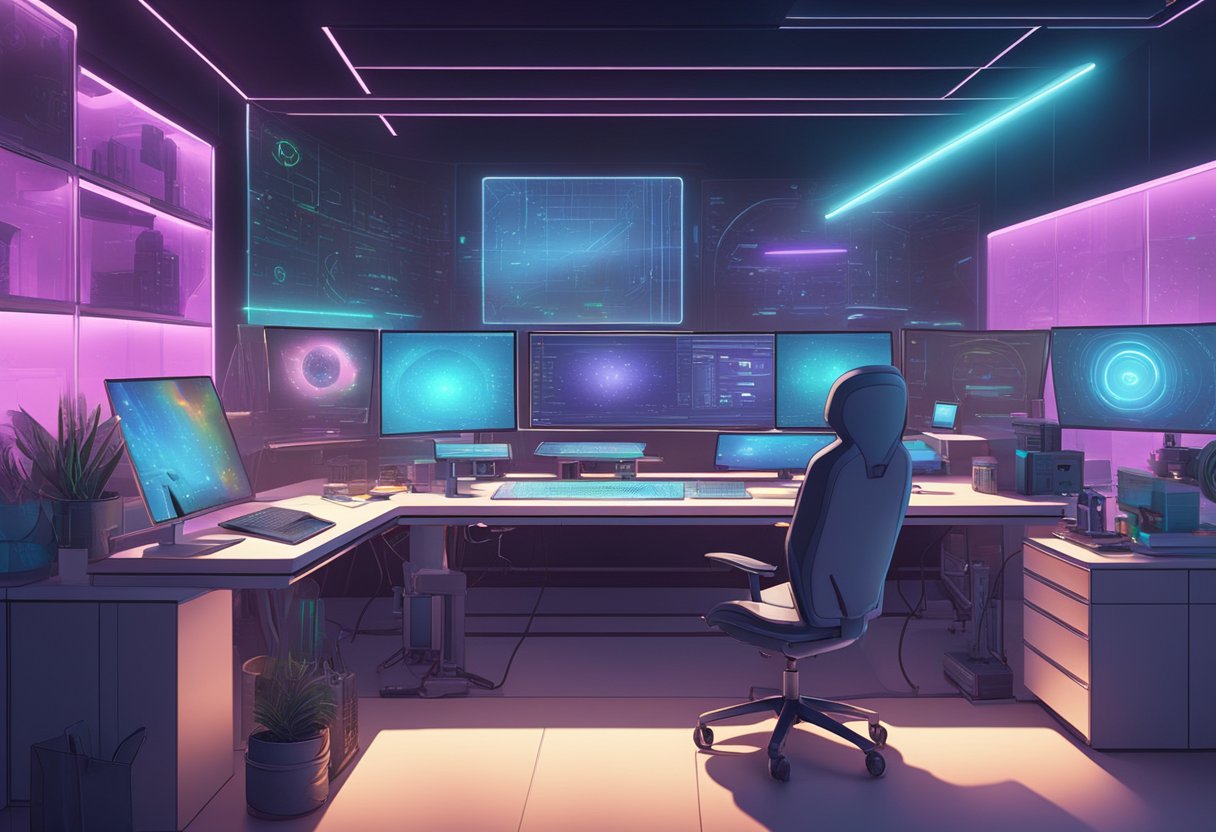 A futuristic animation studio with AI-powered tools and holographic displays