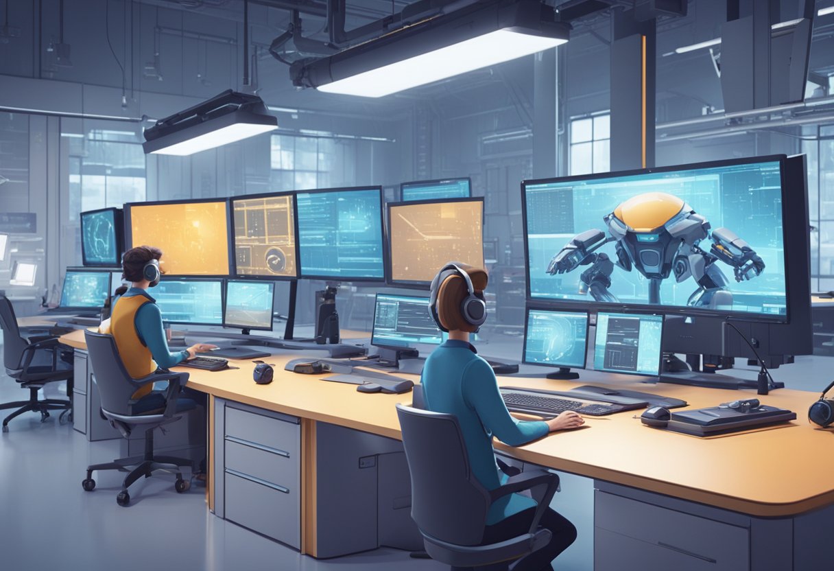 A futuristic animation studio with AI technology integrated into the production process. Computer screens and robotic arms working together to create animated characters and scenes