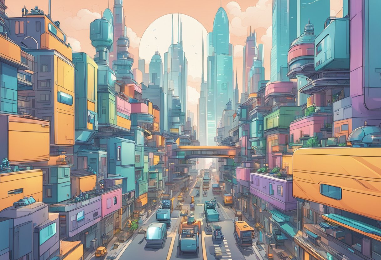 A futuristic cityscape with AI-powered robots creating animated scenes