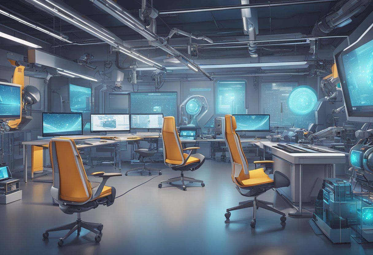 A modern animation studio with AI technology integrated into the workflow, featuring advanced computer systems, robotic arms, and futuristic design elements