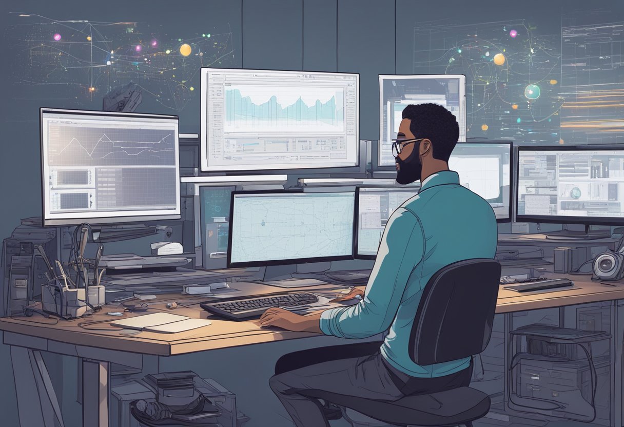 An animator stands in front of a computer, surrounded by AI algorithms and digital art tools, pondering the impact of technology on their profession