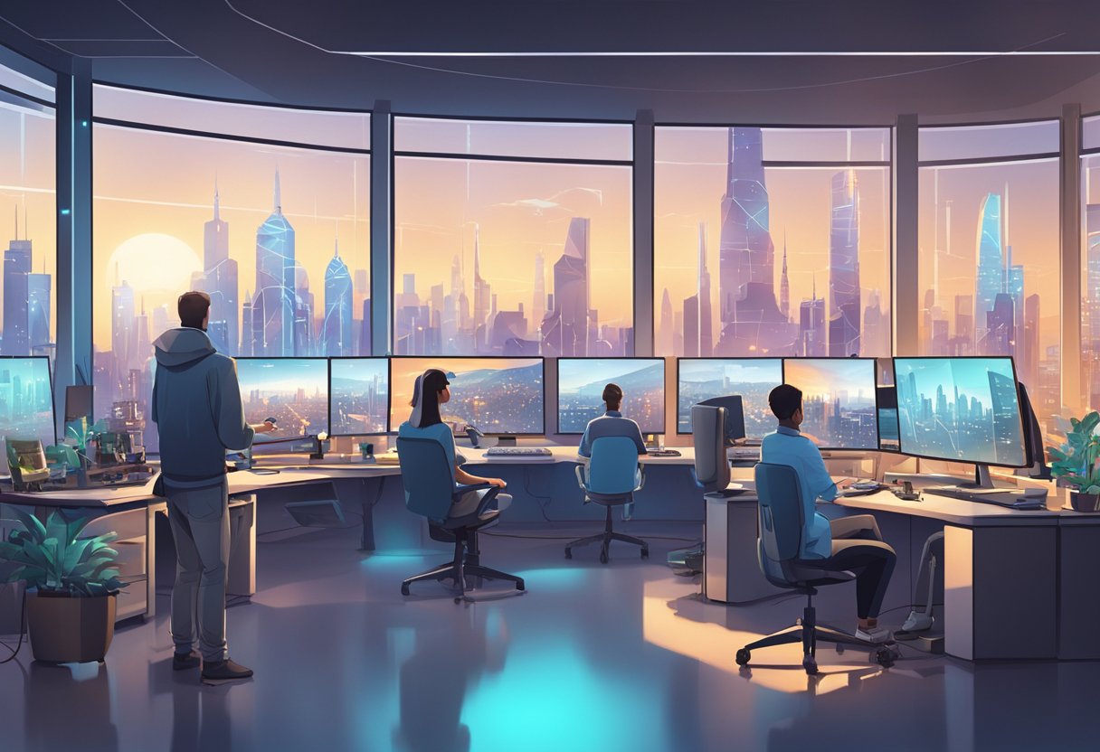 A futuristic city skyline with robotic animators working alongside human animators in a collaborative studio environment