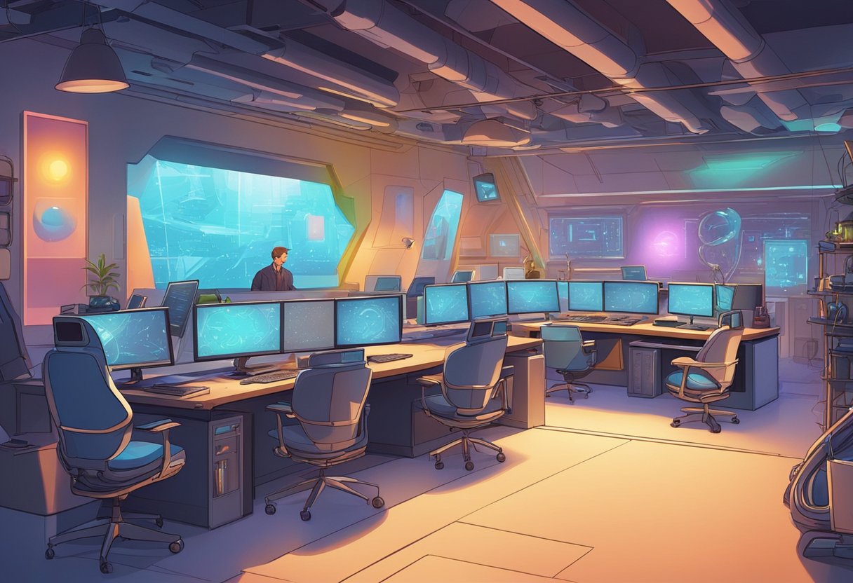 An animation studio filled with futuristic AI technology and creative energy