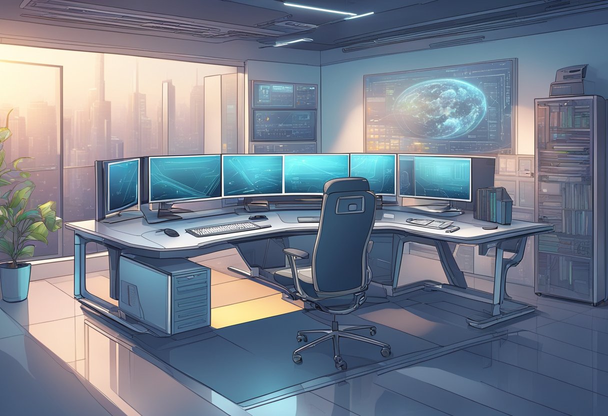 A futuristic workspace with advanced computer equipment and digital drawing tablets