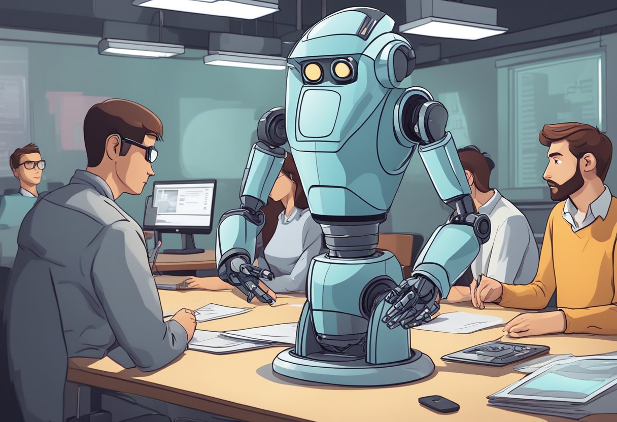 An AI-powered robot creating animated characters, while traditional animators watch with concern