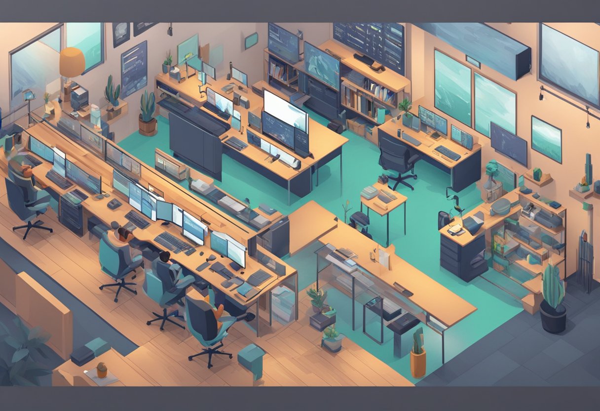 A sleek, modern animation studio with AI-powered software seamlessly integrating with creative artists, producing dynamic and efficient animation