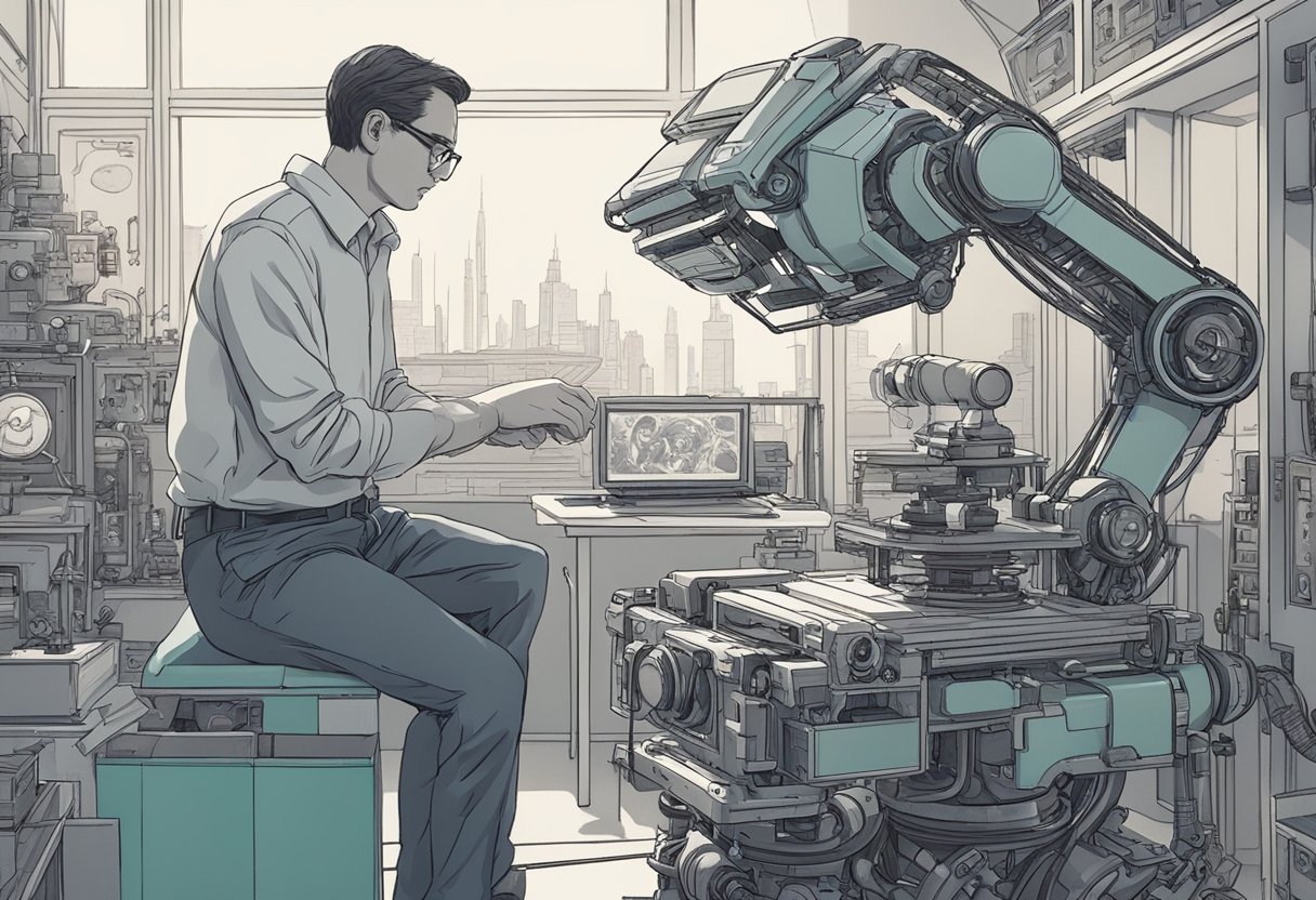 A traditional animator watches as a robot arm meticulously creates intricate and emotive animated scenes, evoking a sense of uncertainty and unease