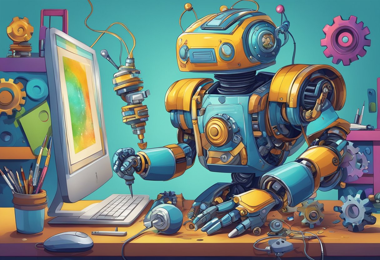 A colorful robot surrounded by gears and digital elements, balancing a paintbrush and a computer mouse