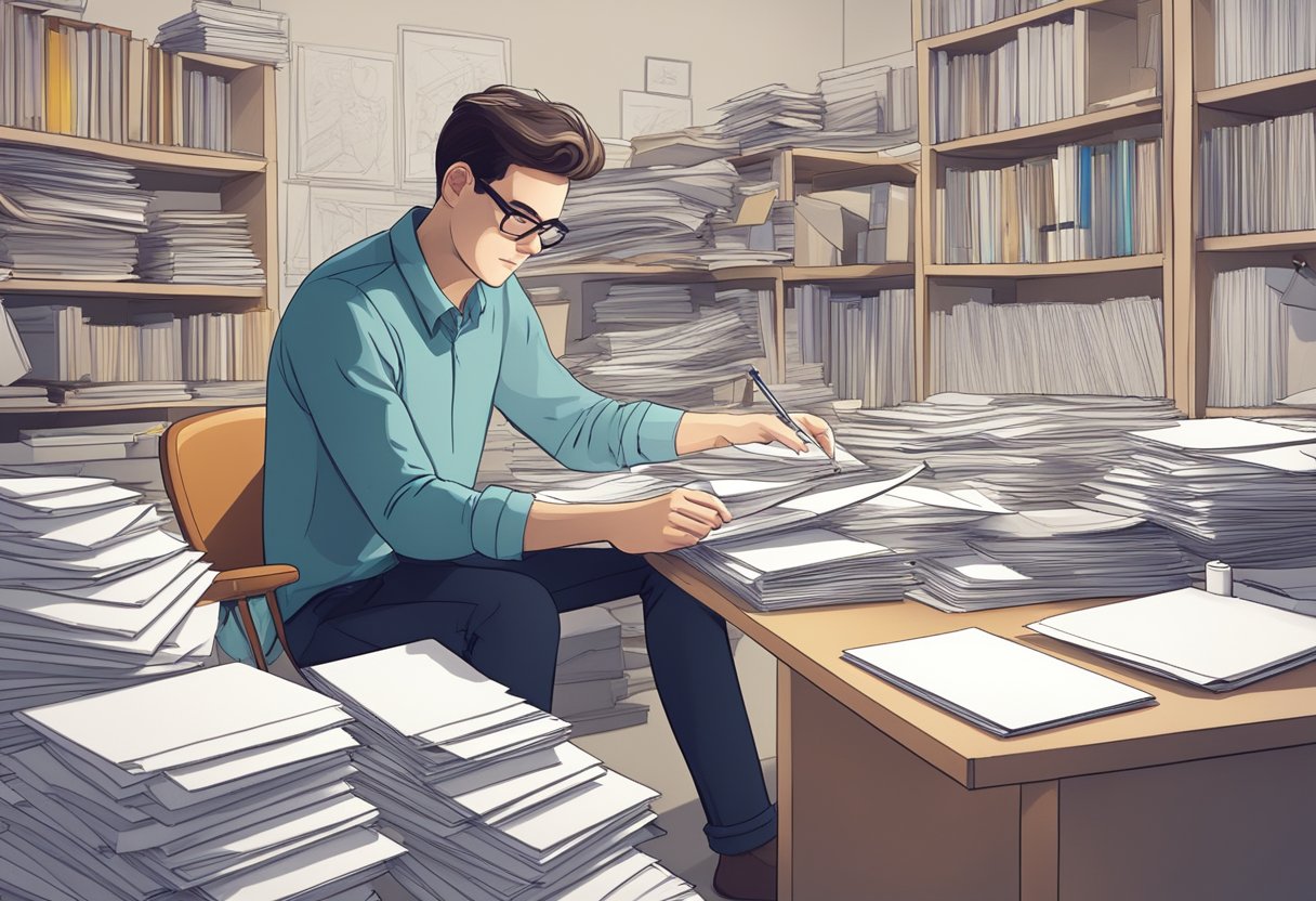 A traditional animator surrounded by stacks of paper and drawing tools, while an AI animation program looms in the background