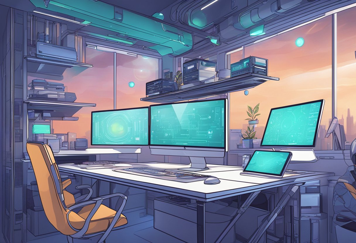 A futuristic workspace with AI technology and creative tools for animation
