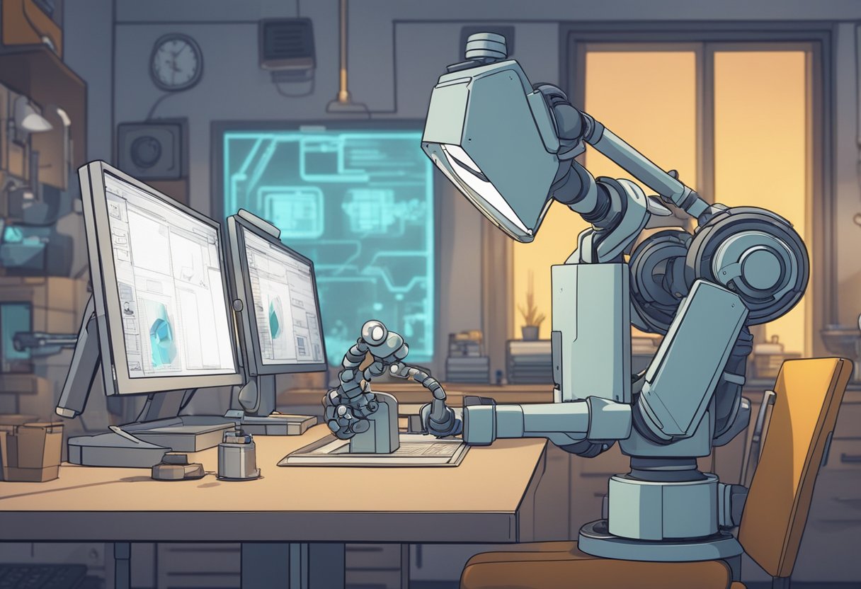 A traditional animator watches as a robotic arm creates animated characters on a digital tablet, symbolizing the potential threat of AI animation on traditional jobs