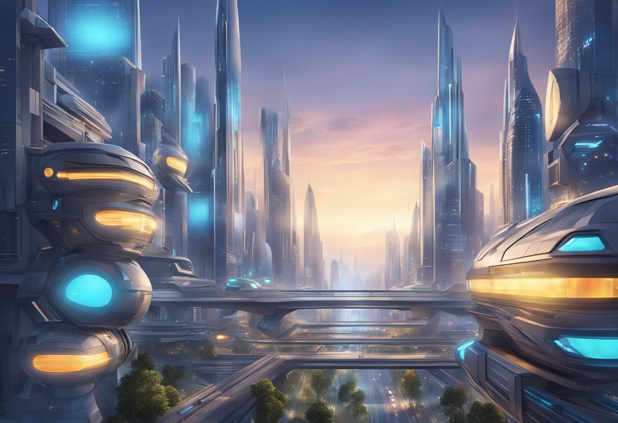 A futuristic city skyline with advanced AI technology integrated into buildings and transportation systems