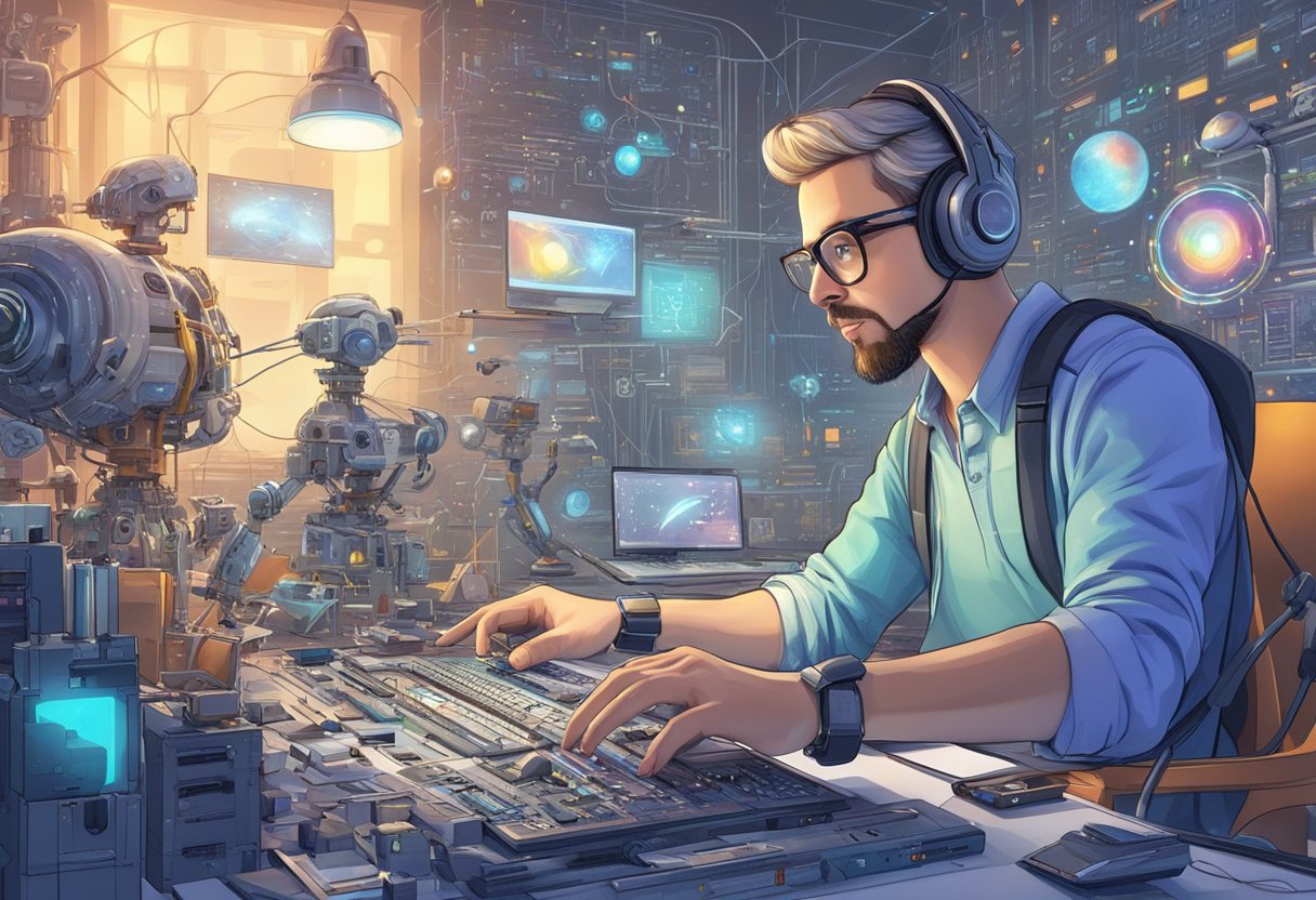 A futuristic animator surrounded by AI tools and technology, creating digital art with precision and creativity