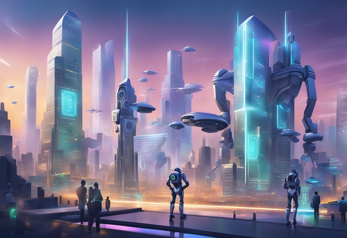 A futuristic cityscape with AI robots creating and protecting digital artwork, while legal documents and copyright symbols hover in the air