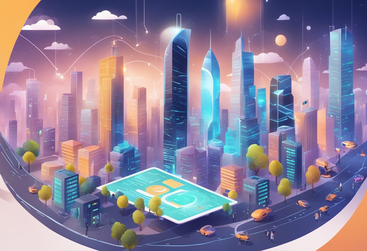 A futuristic cityscape with AI-powered animated characters interacting, while legal documents and copyright symbols float in the air