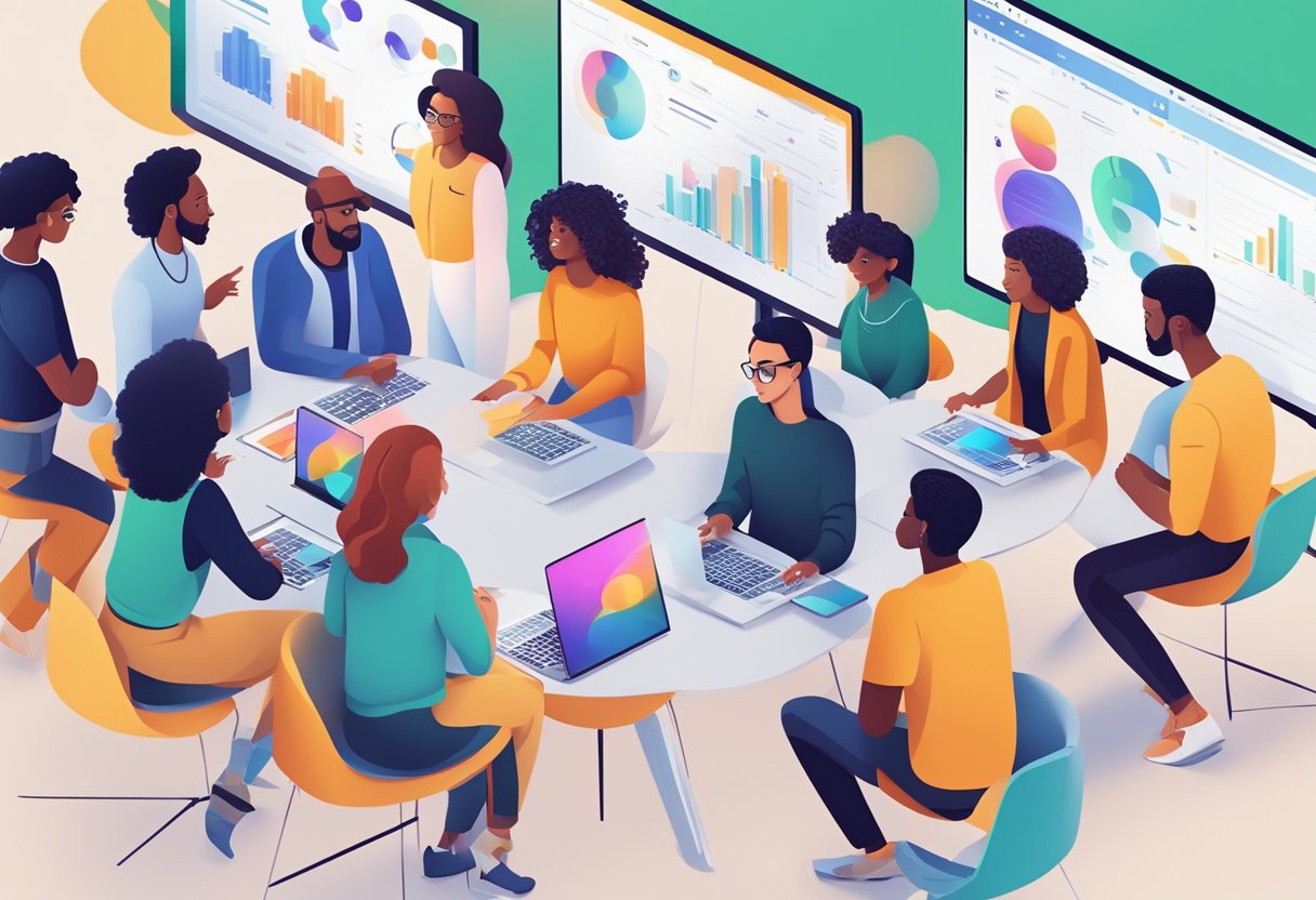 A group of diverse creatives gather around a futuristic AI-driven animation tool, learning and training for the disruption in their creative jobs