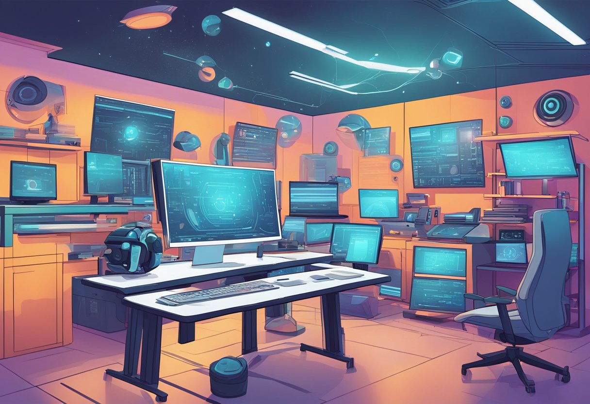 A futuristic AI-powered animation studio with disrupted traditional creative jobs