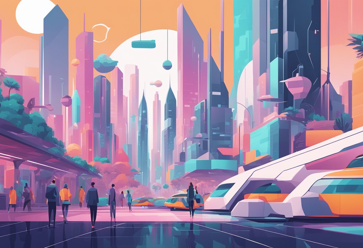 A futuristic cityscape with AI-generated animated characters interacting in a limited color palette and geometric shapes
