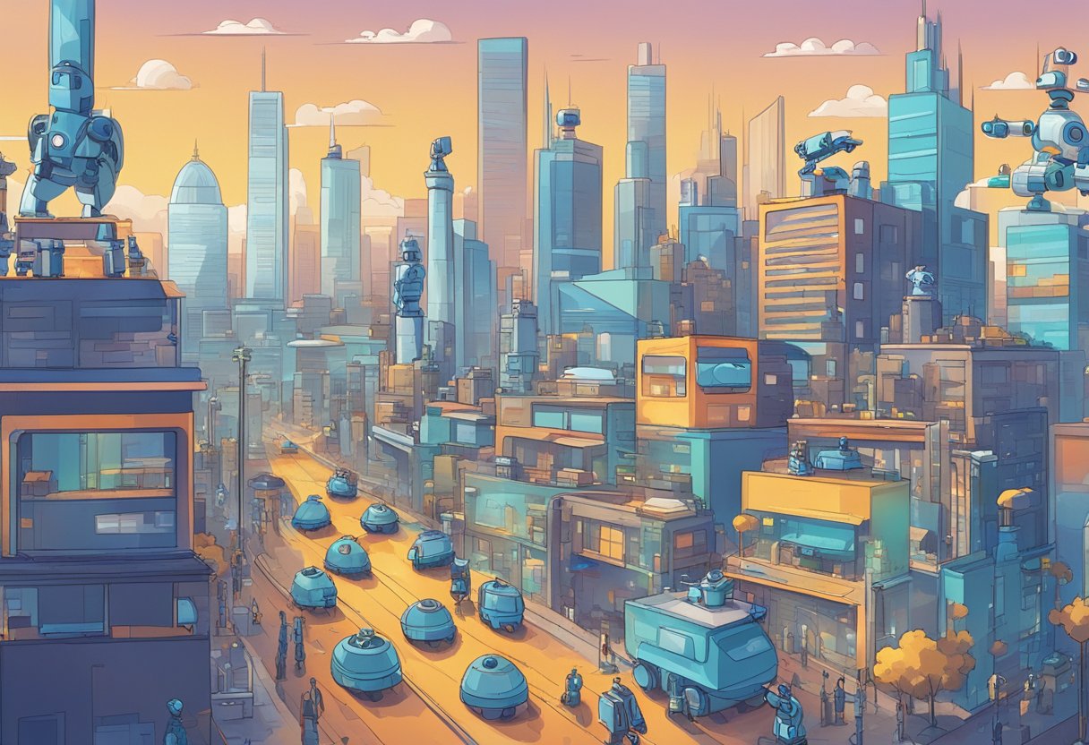 A bustling city skyline with robots working in various industries, showcasing the impact of AI on employment and economic aspects