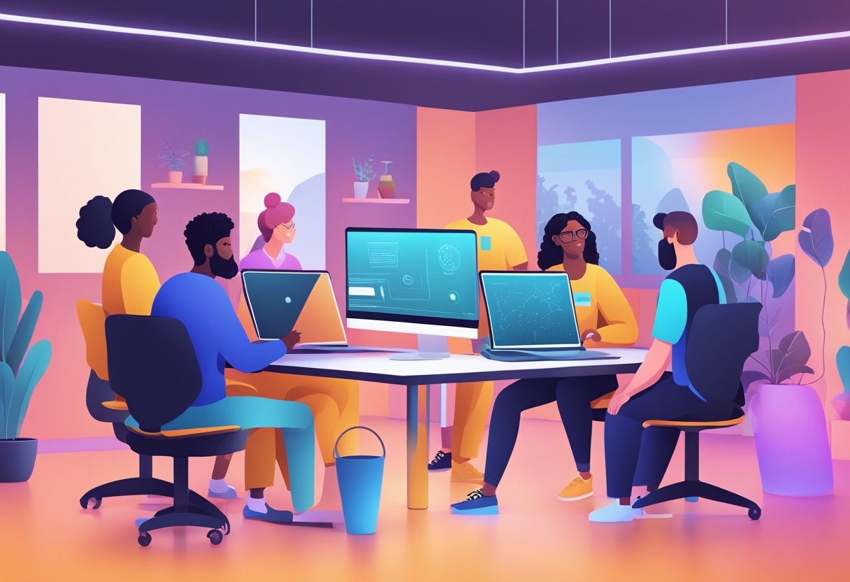 A group of diverse individuals are gathered around a computer, using AI software to create animated characters and scenes. The atmosphere is collaborative and innovative