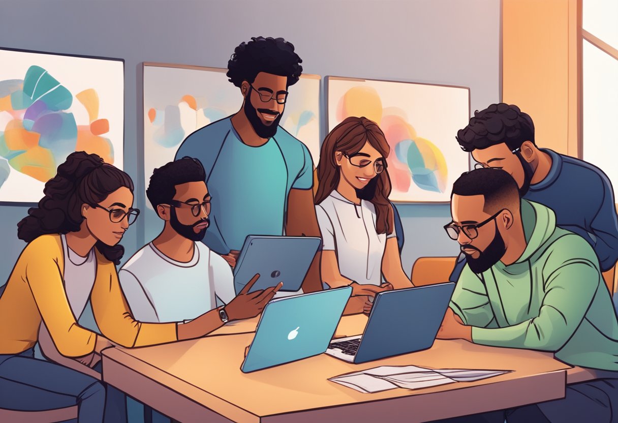 A group of diverse artists collaborate on digital tablets, using AI software to create animated characters and scenes