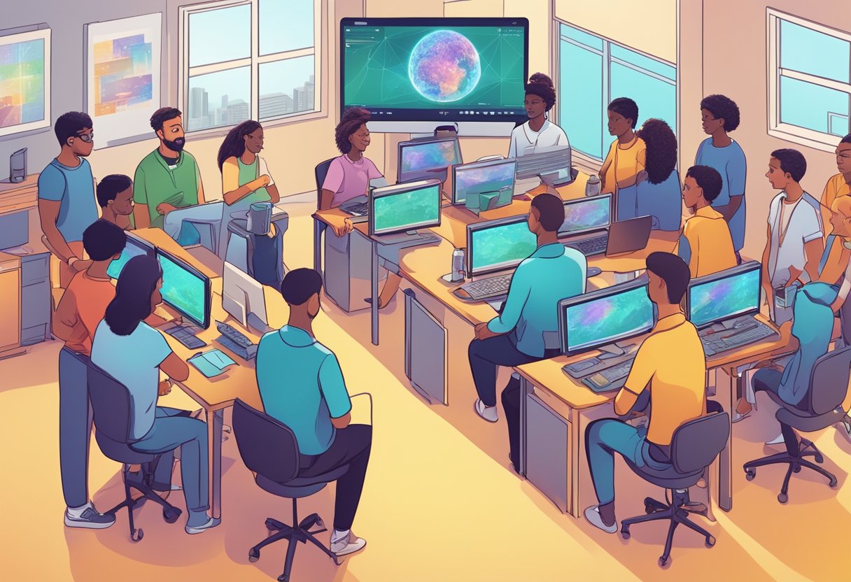A group of diverse individuals gather around a computer screen, watching as an AI program generates intricate and colorful animations in real-time