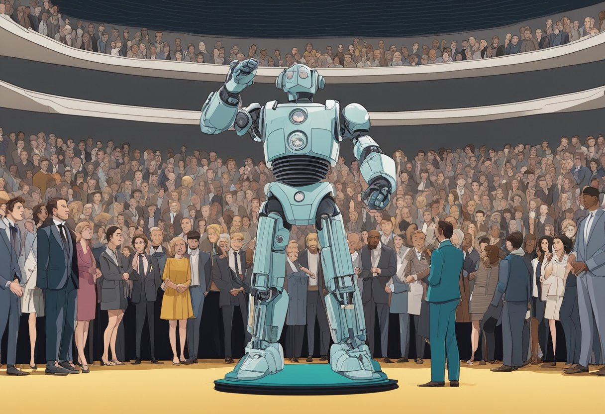 An AI-powered animation character stands on stage, surrounded by actors, at the BAFTAs