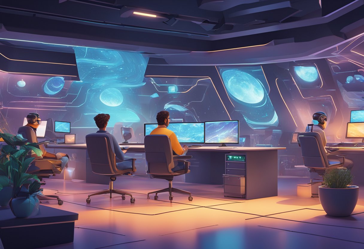 A futuristic AI-powered animation studio producing award-winning films, with AI-generated characters interacting in a visually stunning and lifelike environment