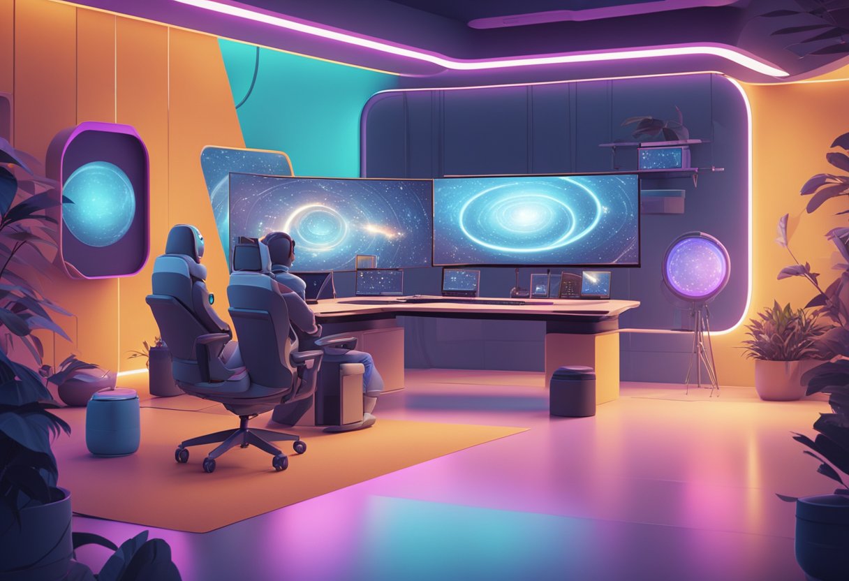 A futuristic studio with AI-powered animation software, creating lifelike characters and immersive environments
