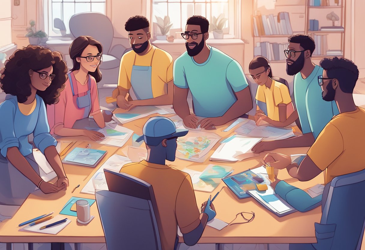 A diverse group of animated characters working together to create unique and innovative art, showcasing the impact of AI animation on creativity and artistry