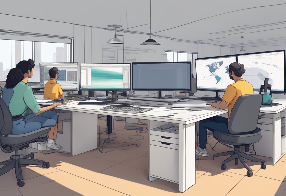 A group of animators using AI software to create standardized animation techniques in a modern studio setting