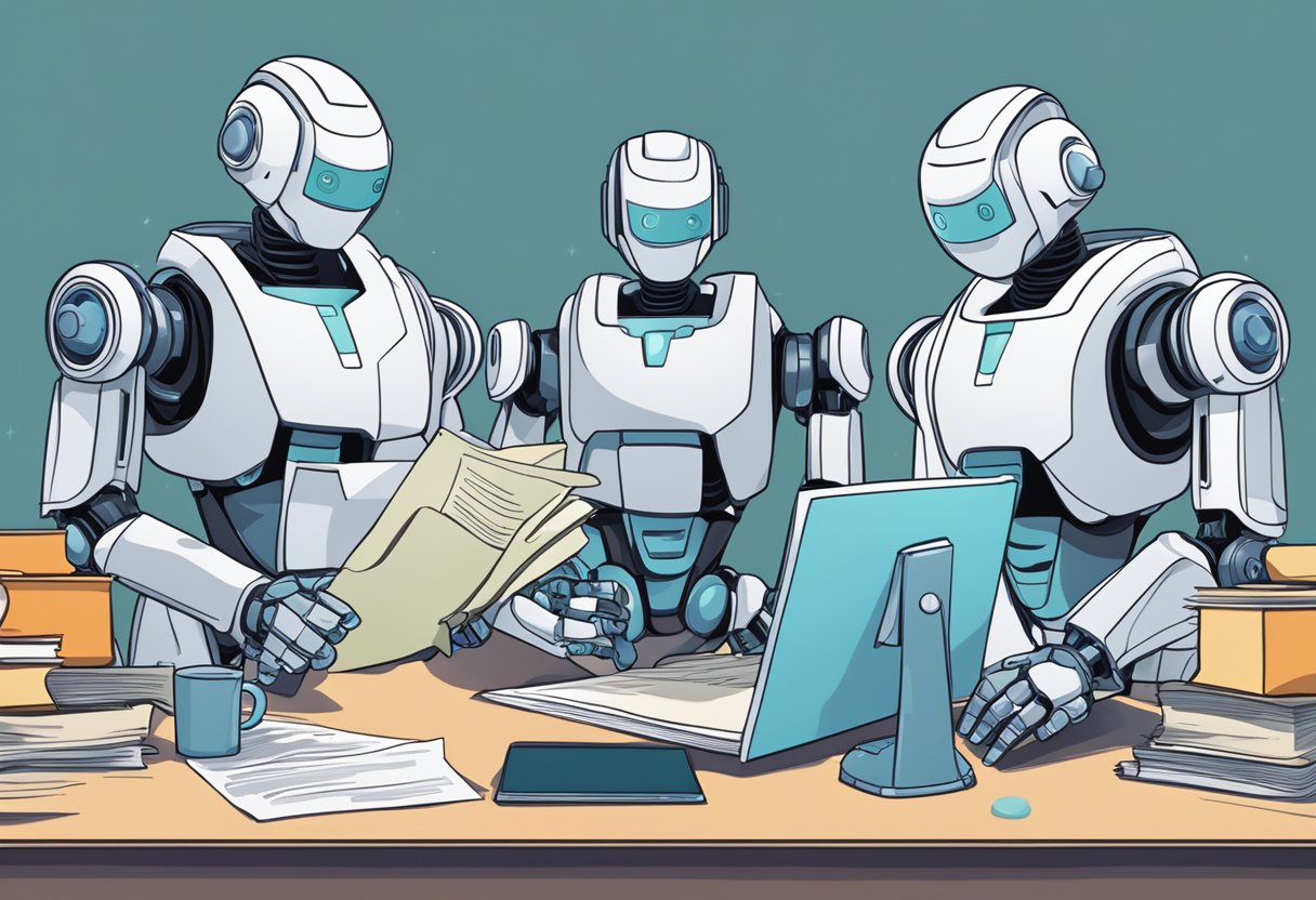 A group of AI-powered robots creating identical animated scenes, surrounded by legal documents and copyright symbols