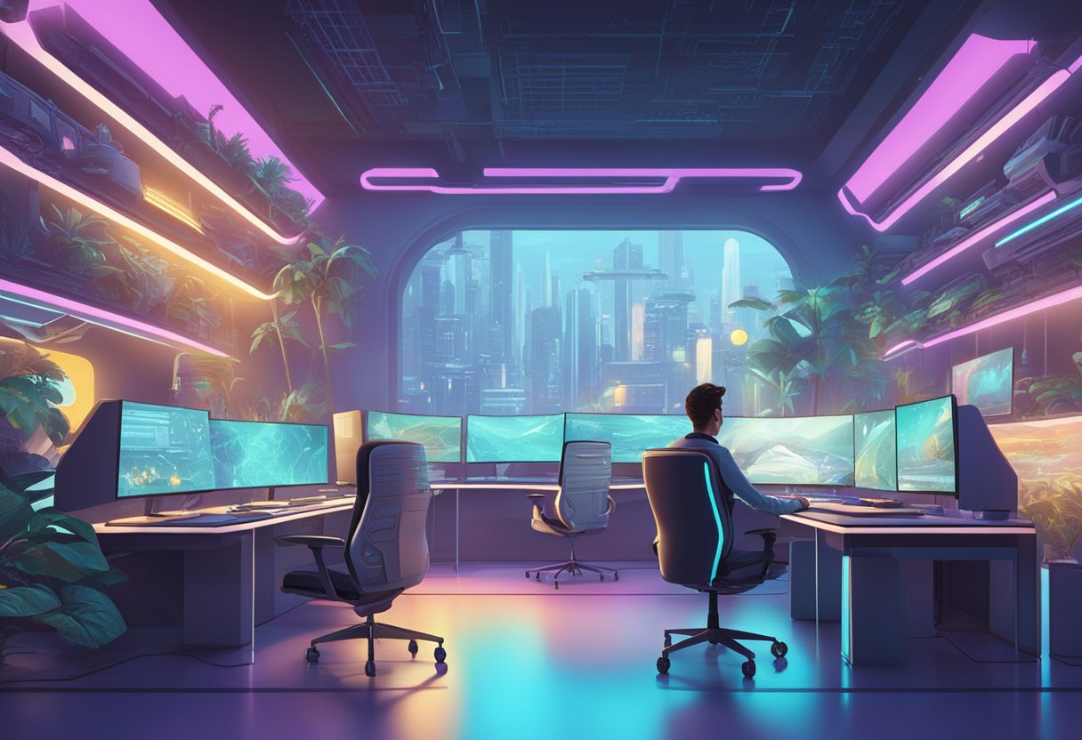 A futuristic animation studio with AI-powered computers creating lifelike characters and scenes