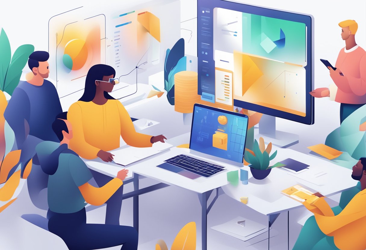A group of diverse professionals collaborate around a digital interface, while AI-generated animations seamlessly integrate into their workflow