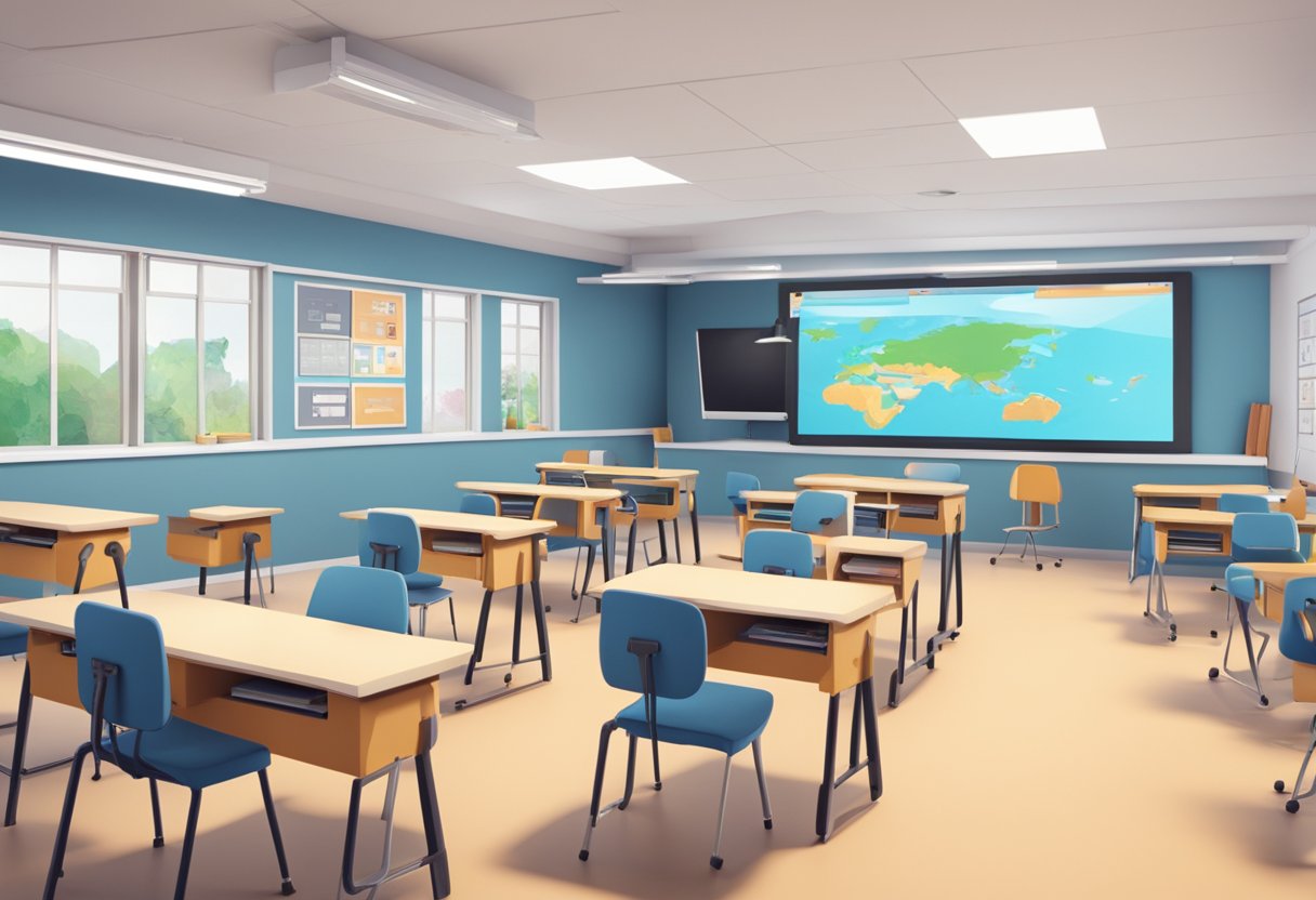 A classroom setting with AI-driven animation tools creating educational content on a digital screen